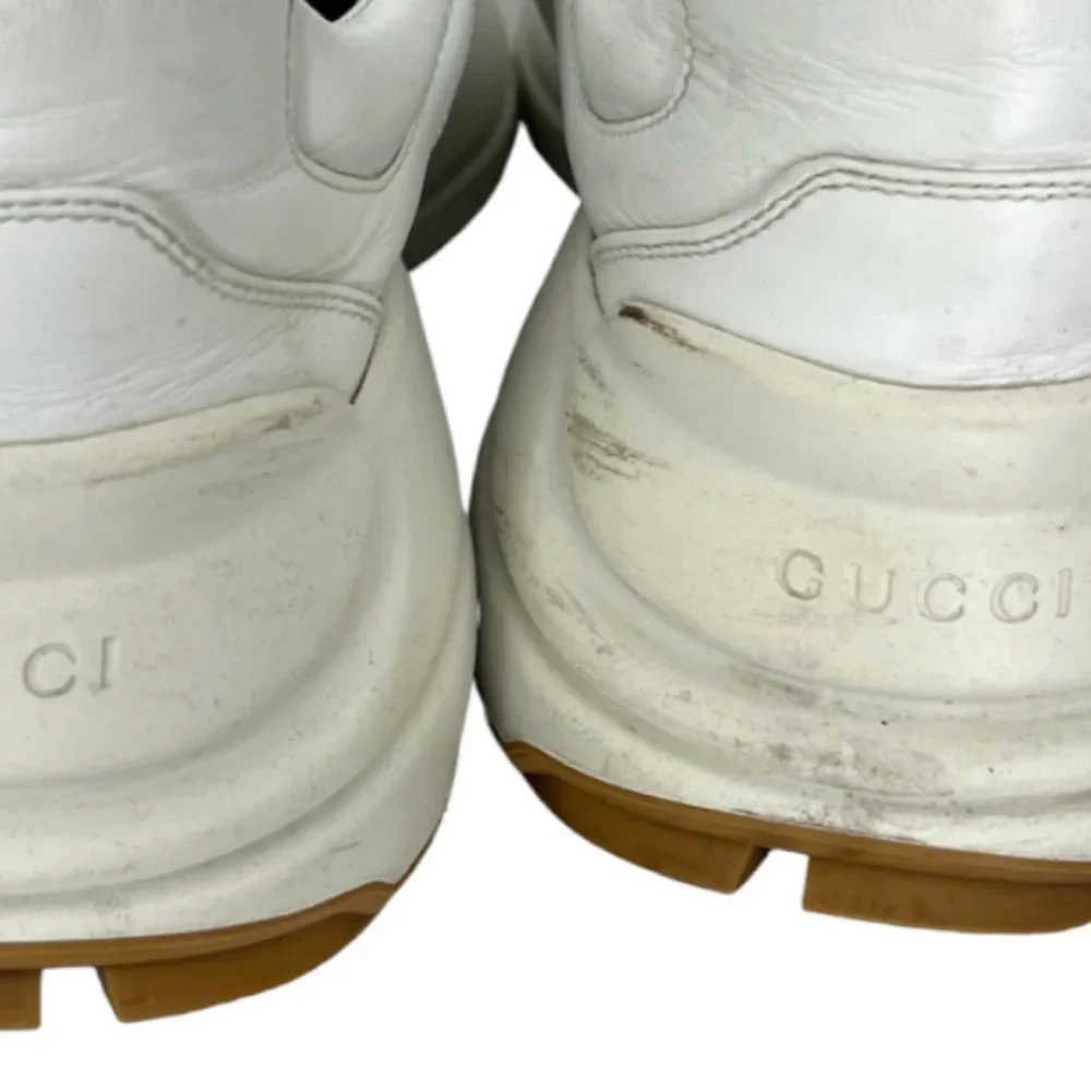 $890 Gucci Worldwide White Leather Rython Platform Sneakers Mens 8 W 9.5/10